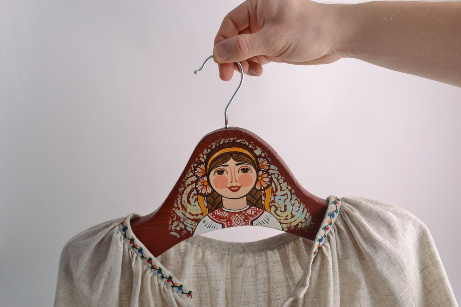 Handmade decorative wooden clothes hanger with painting in Slavic ethnic style photo 1
