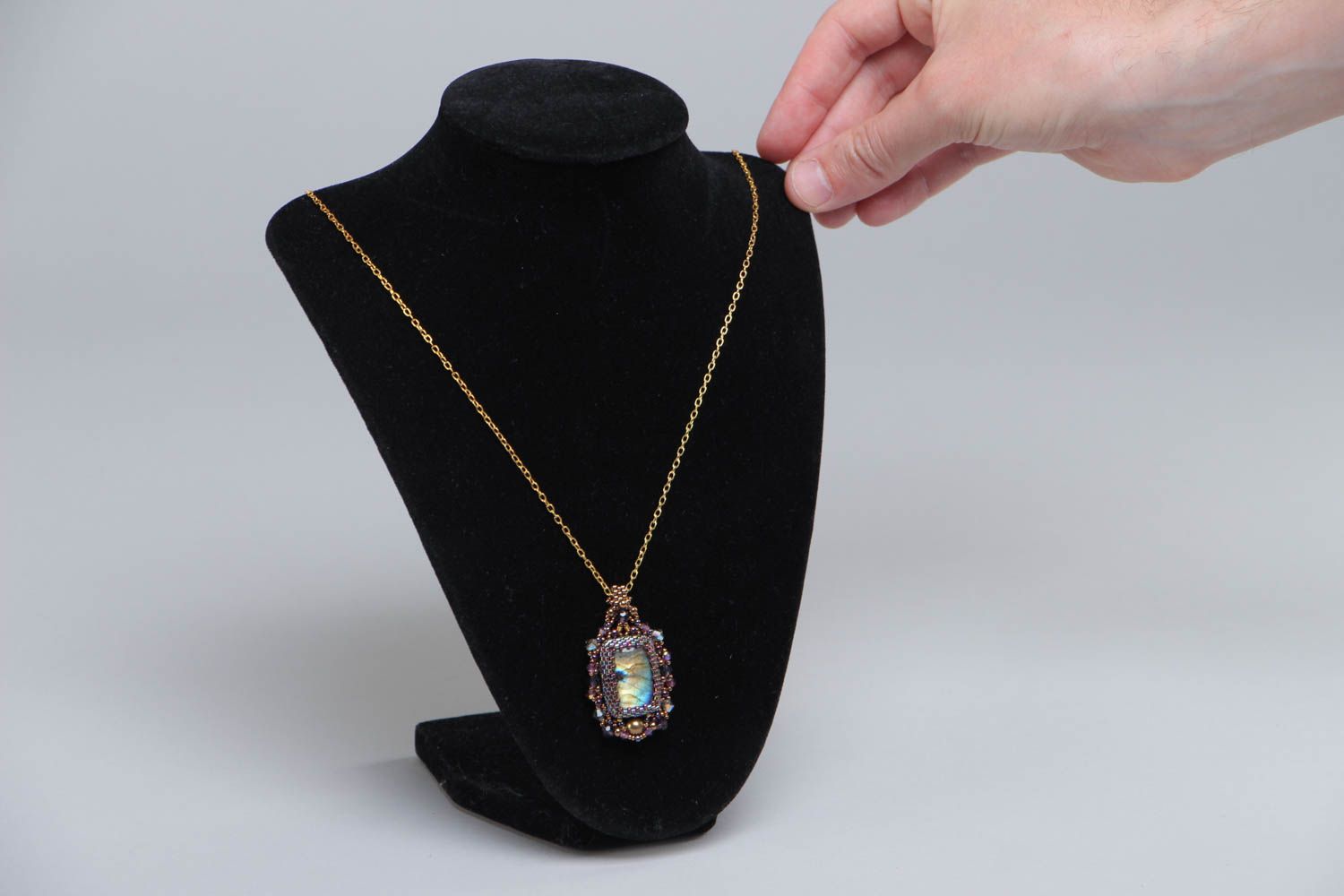 Beautiful braided beaded pendant on a chain with labradorite evening accessory photo 5
