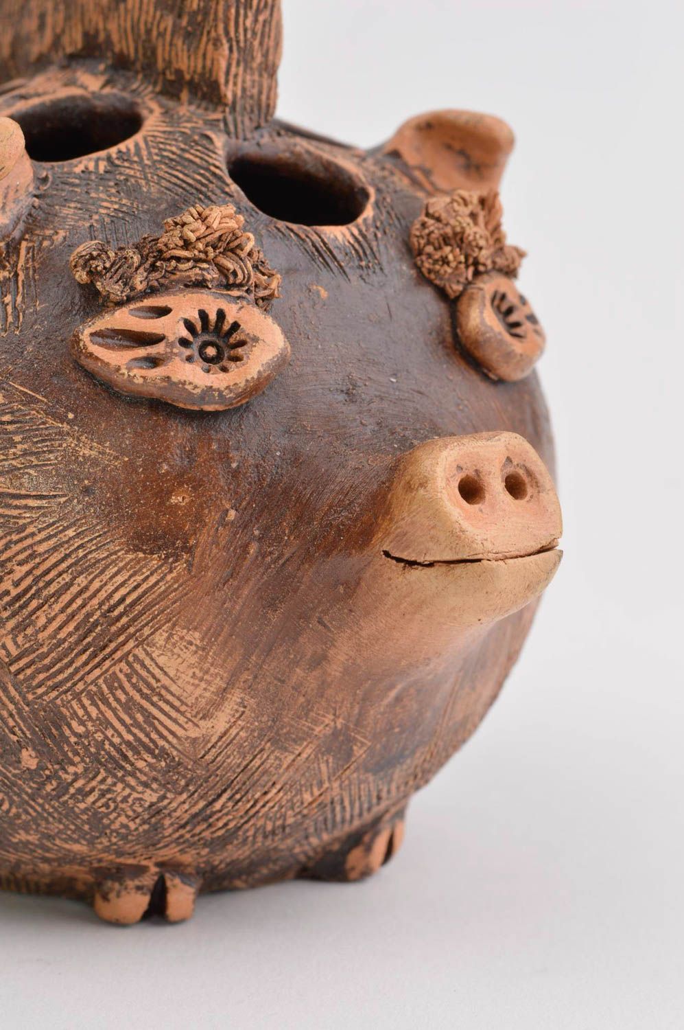 Pot à crayons original fait main cochon céramique marron Accessoire bureau photo 5