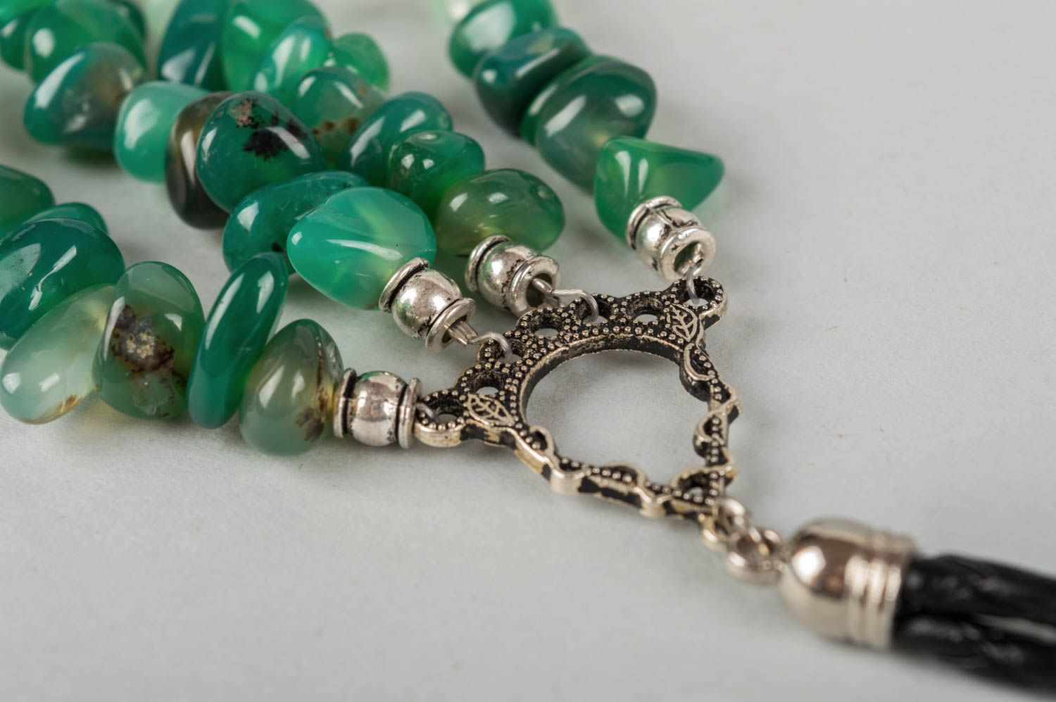 Handmade massive multi row necklace with latten elements and green agate beads photo 5