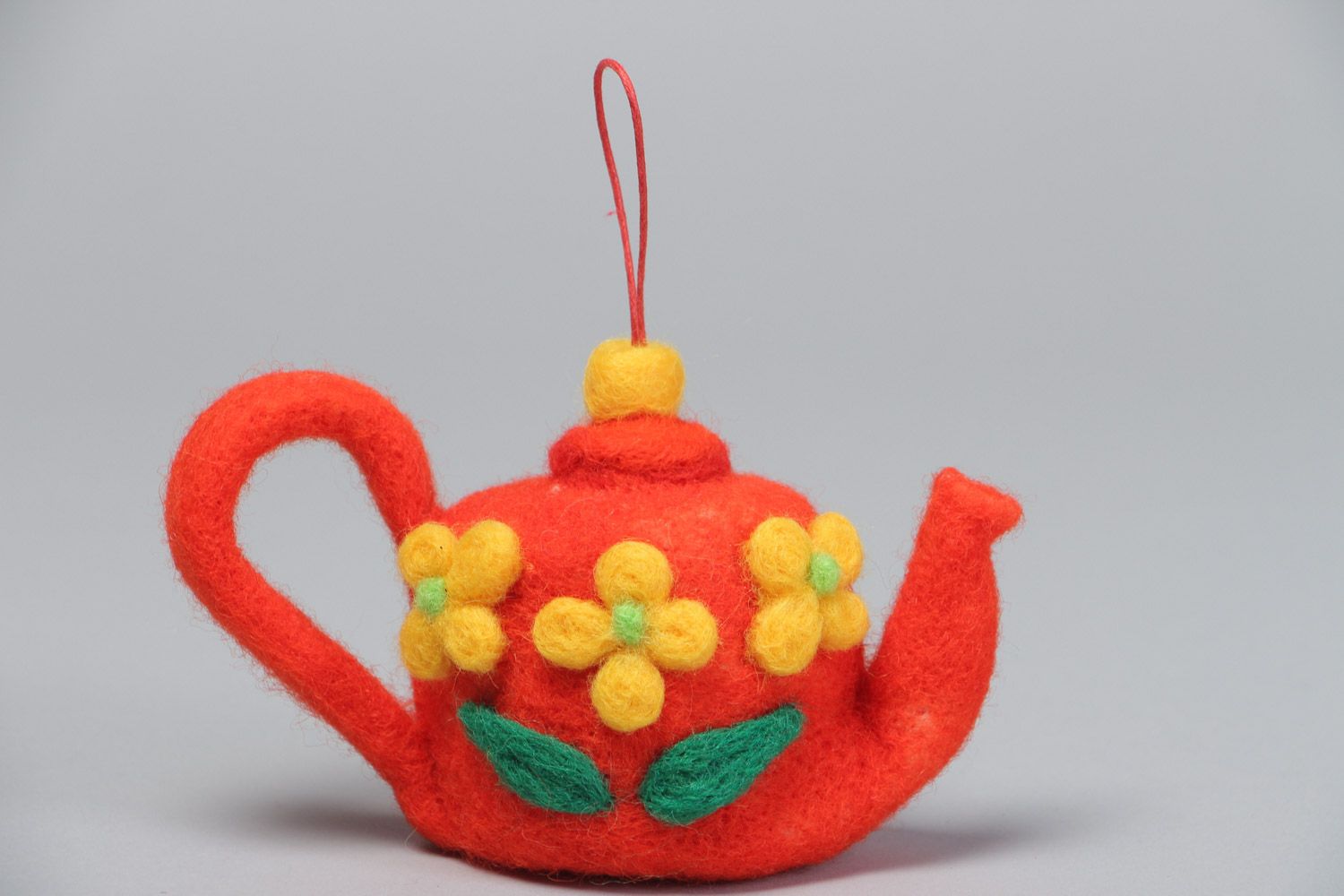 Handmade designer soft toy felted of wood Red Teapot with eyelet for hanging photo 2