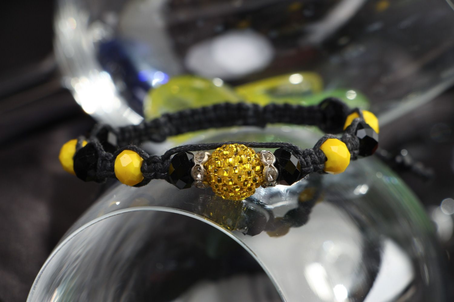 Handmade friendship bracelet woven of black cord and yellow beads for women photo 4