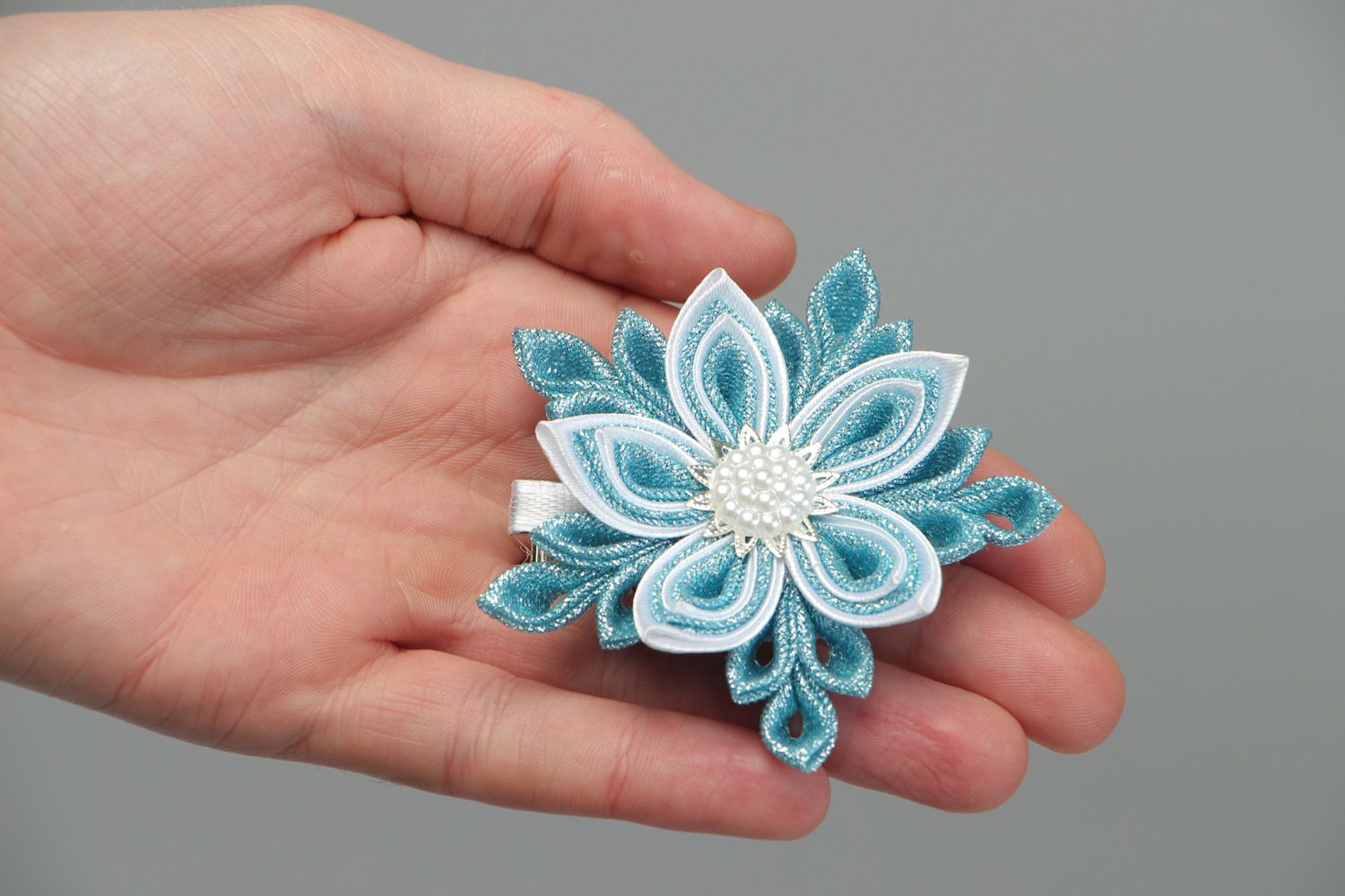 Handmade hair clip with kanzashi flower made of gold cloth and satin in blue color photo 4
