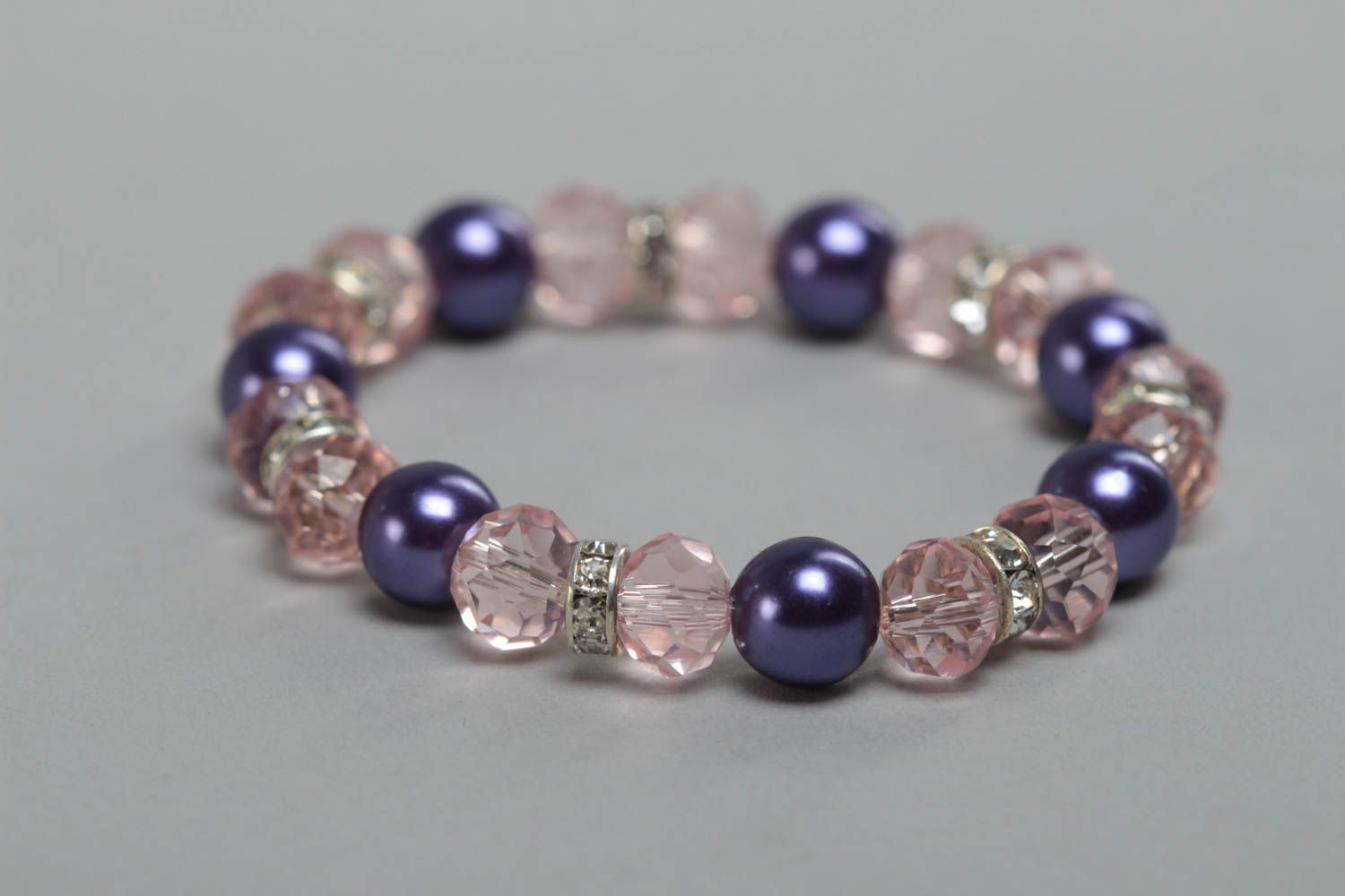 Handmade children's pink wrist bracelet with crystal and ceramic beads photo 3