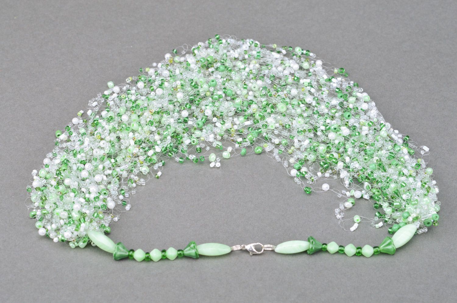 Handmade airy multi row beaded necklace in white and green colors for women photo 2