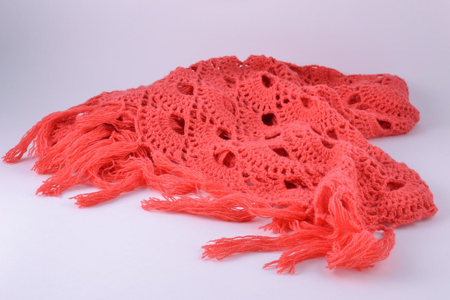 Large handmade lacy women's shawl crocheted of red semi-woolen threads  photo 5