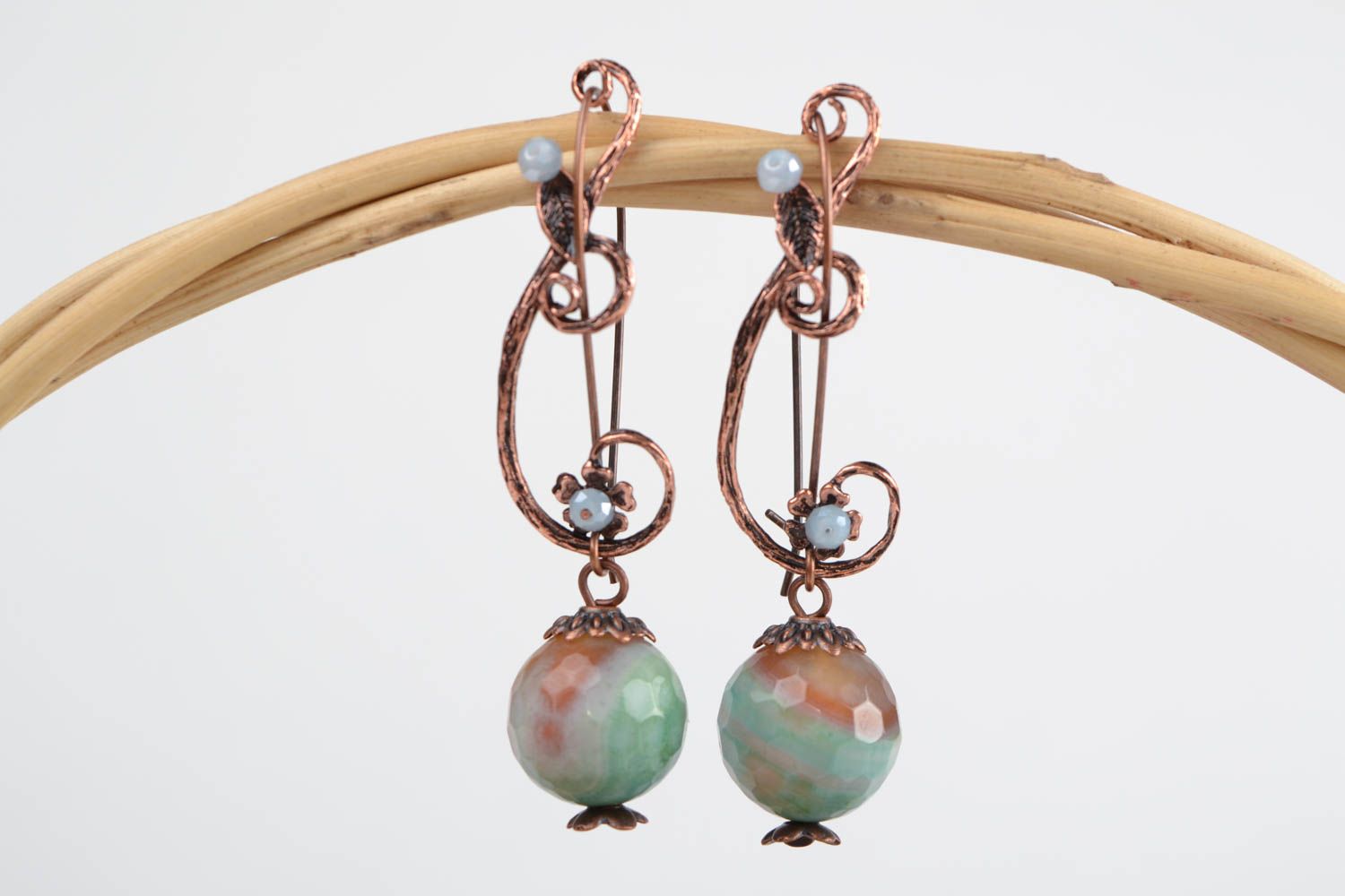 Handmade long dangling earrings with agate beads and fancy metal fittings photo 1