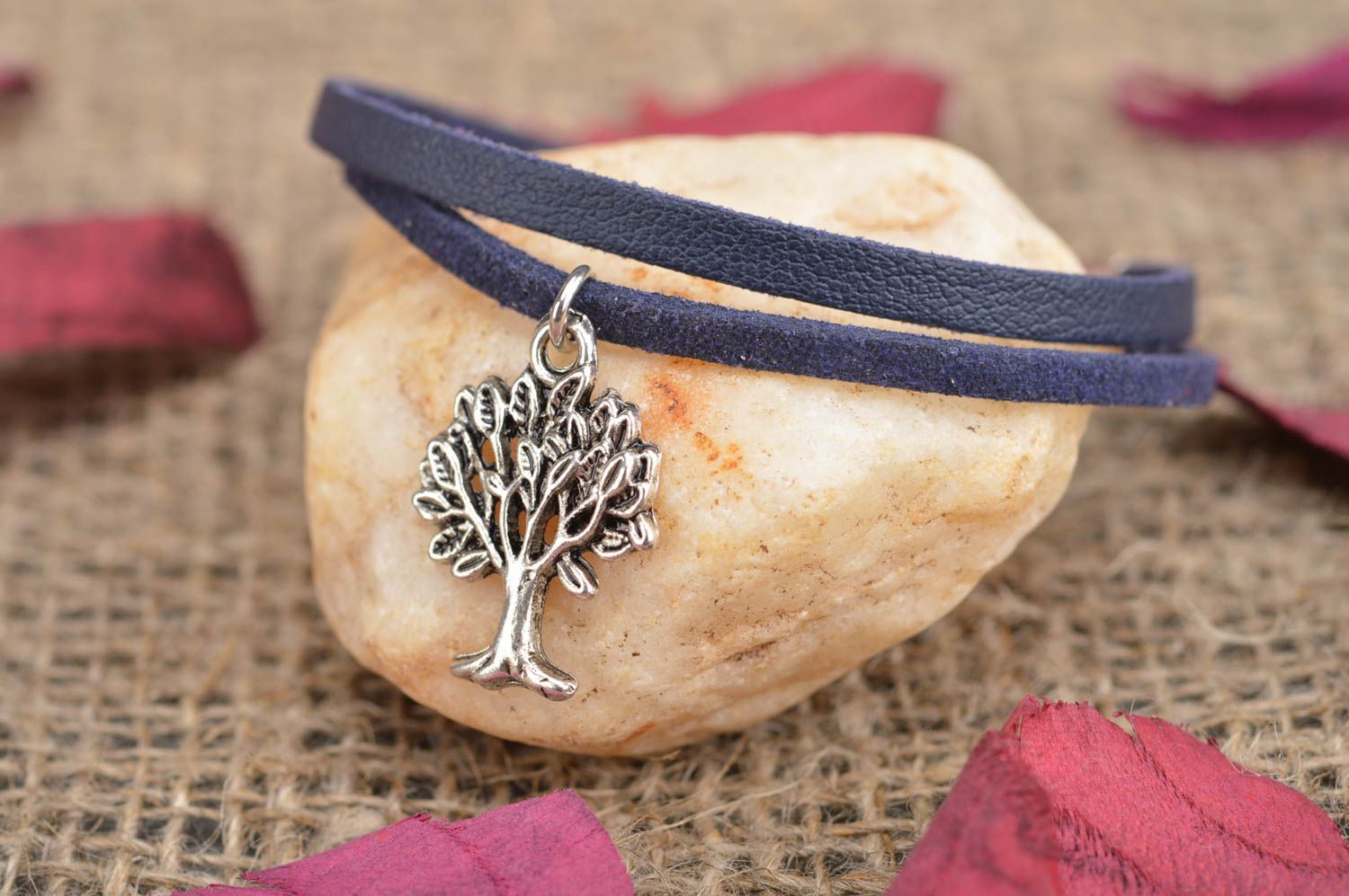 Handmade designer dark blue genuine leather wrist bracelet with metal charm Tree photo 1