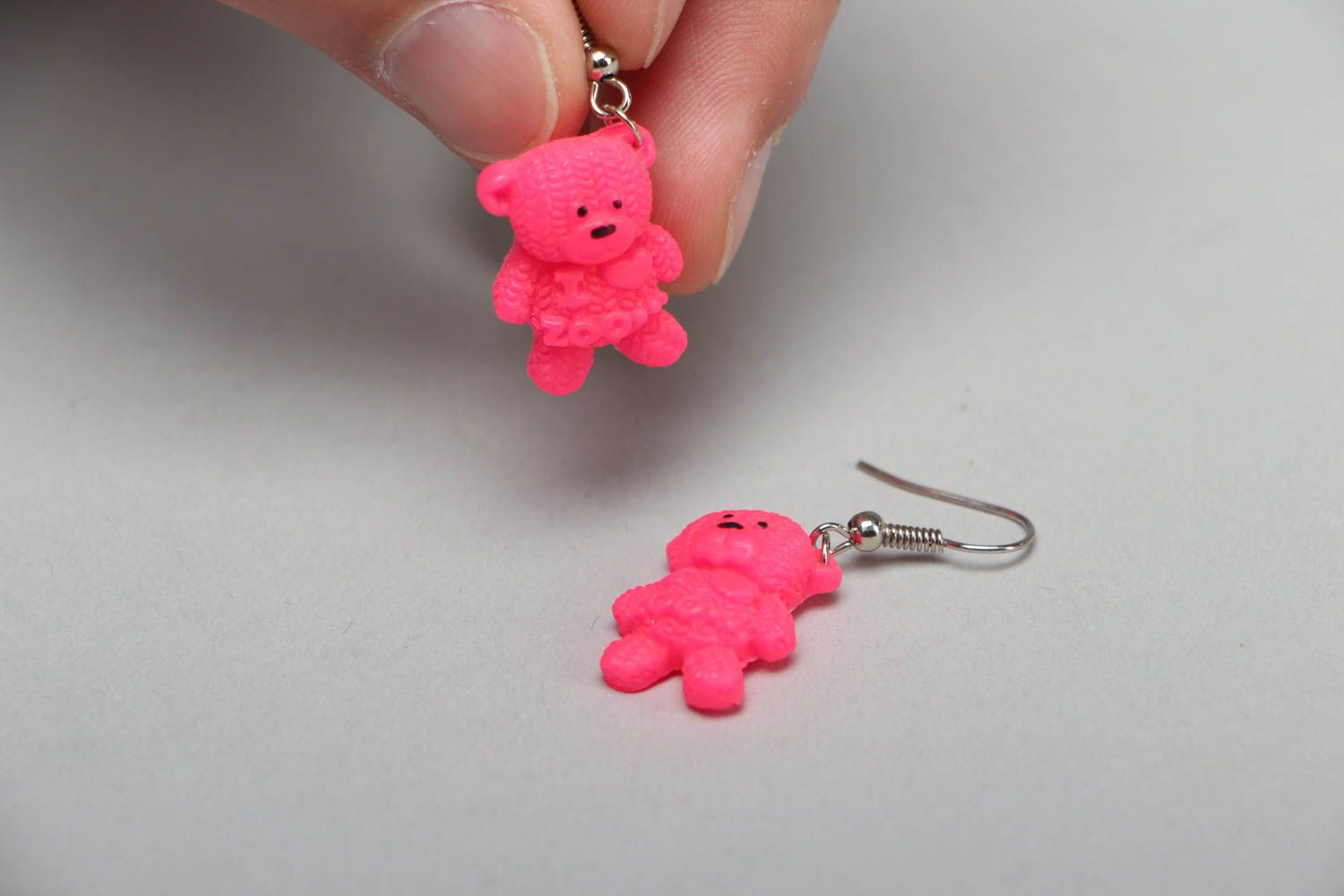 Polymer clay earrings in the shape of pink bears photo 4