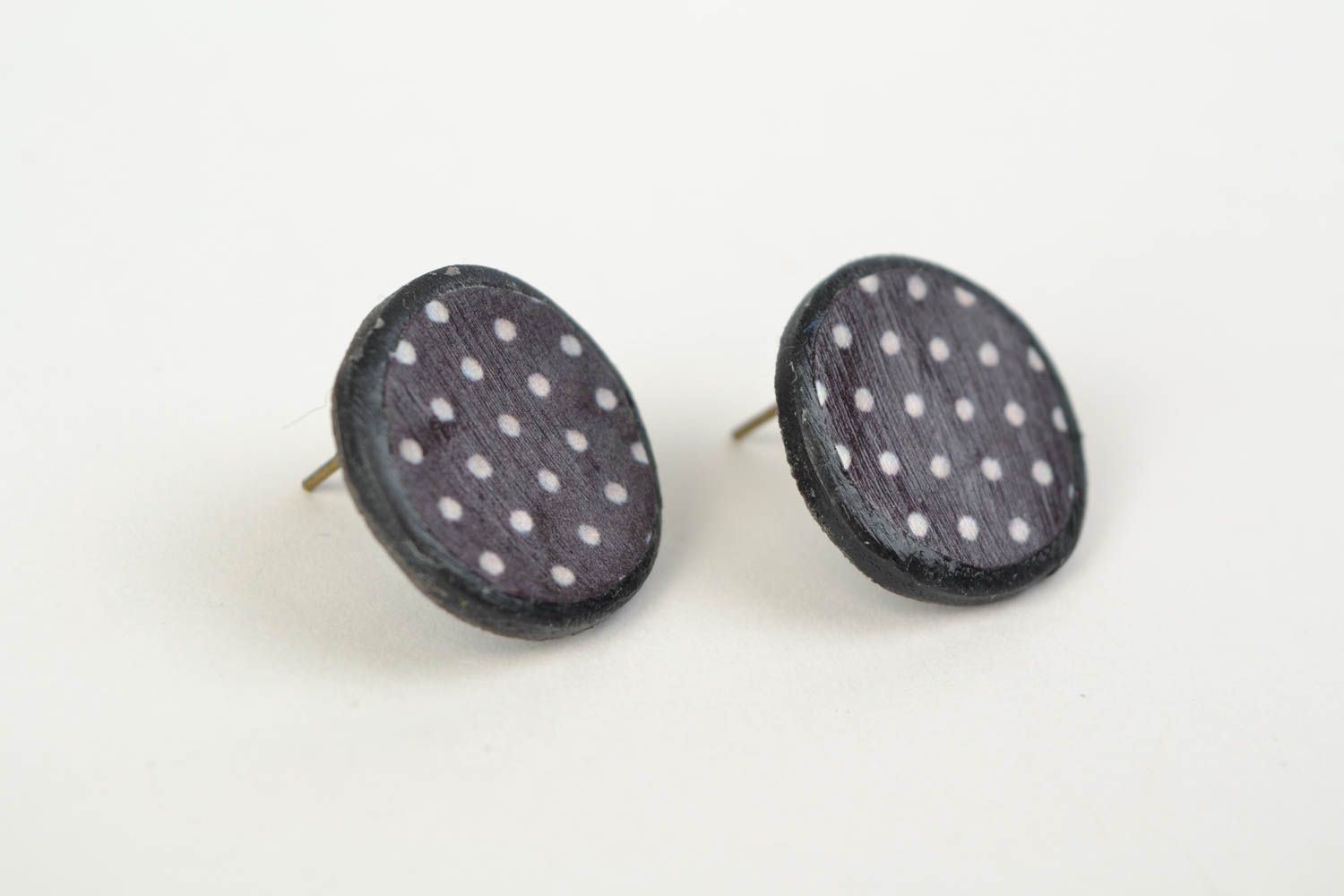 Stylish handmade polymer clay stud earrings of brown color with white polka dot pattern photo 3