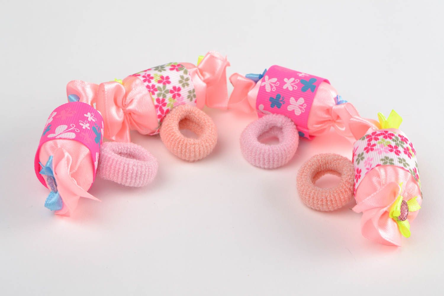 Children's handmade designer textile ribbon hair ties set 4 pieces Candies photo 4