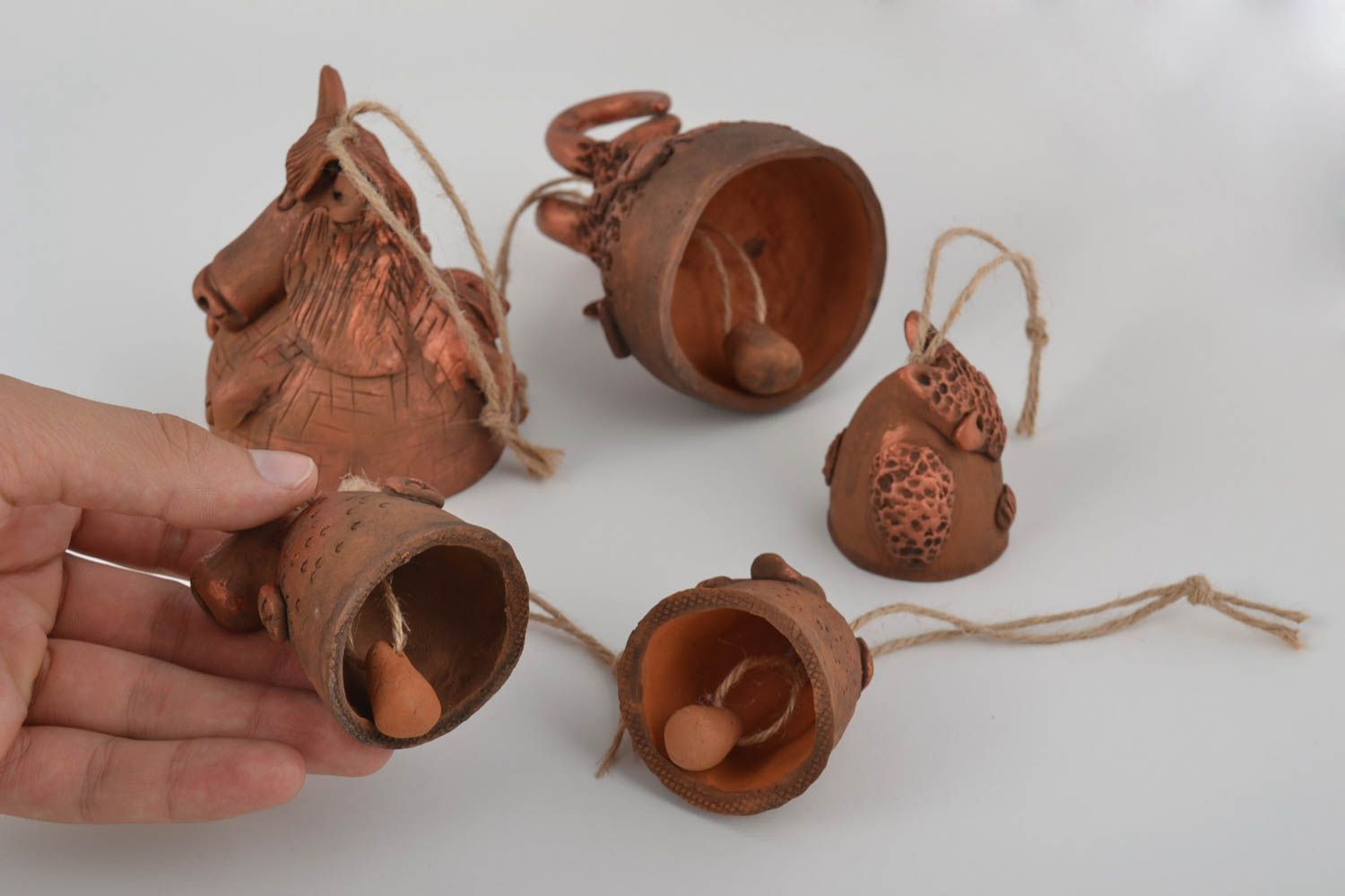 Set of 5 handmade designer figured clay bells of different sizes for home decor photo 5