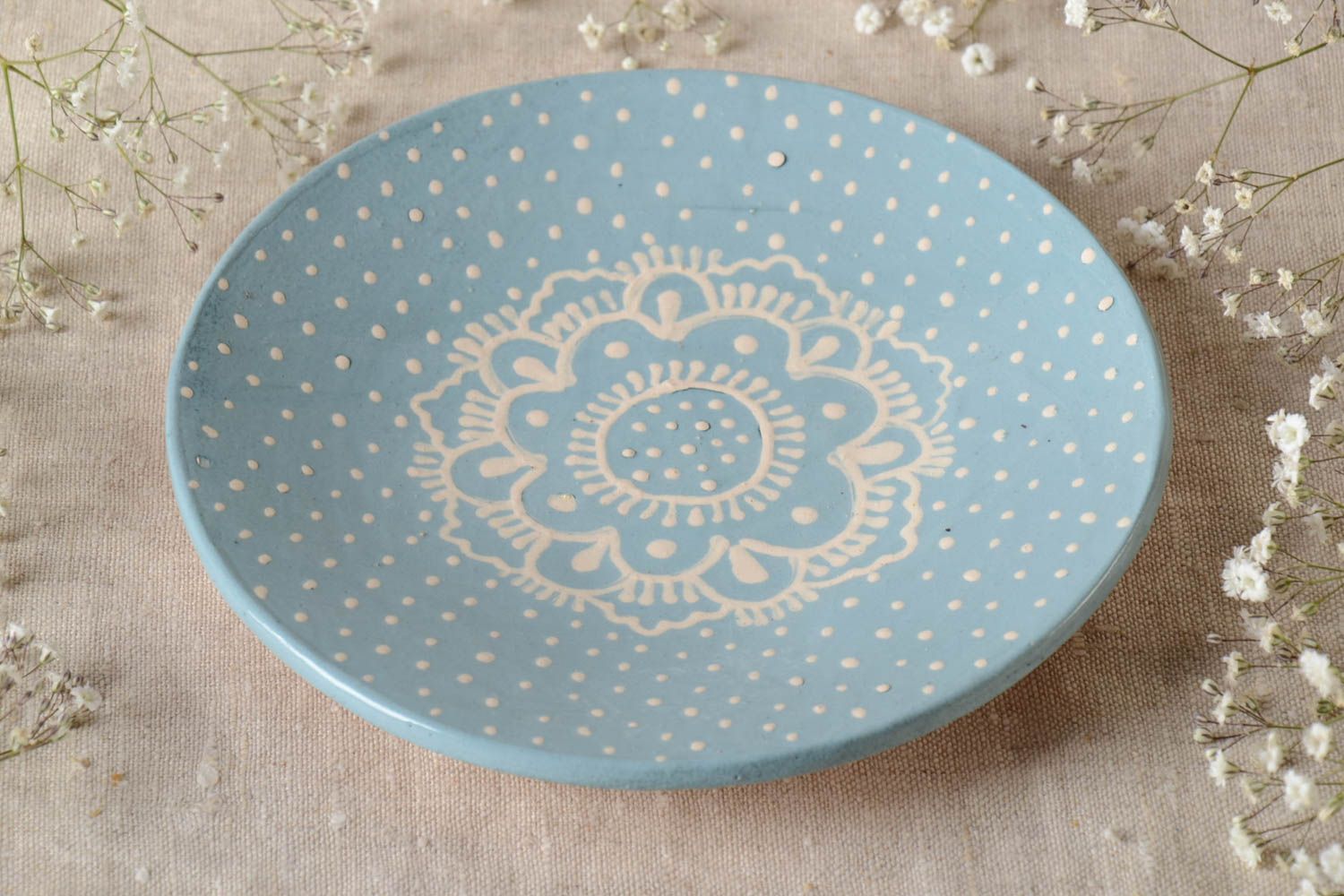 Handmade flacher Teller Keramik Geschirr Küchen Deko bemalt Untertasse blau foto 1