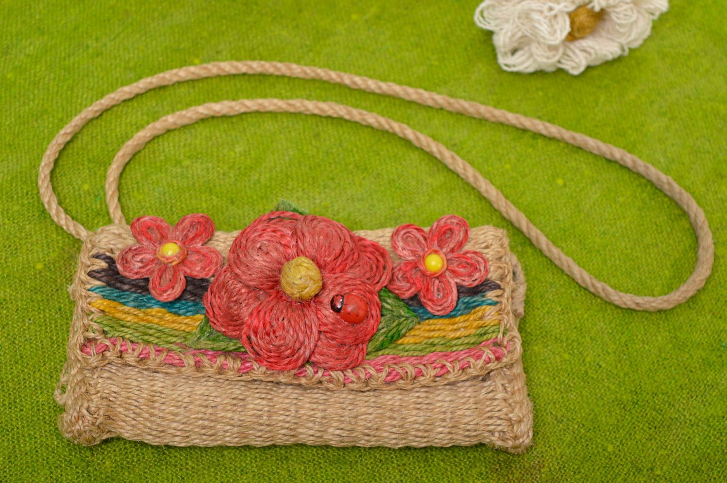 Bolso hecho a mano de bramante con flores accesorio de mujeres regalo original  foto 1