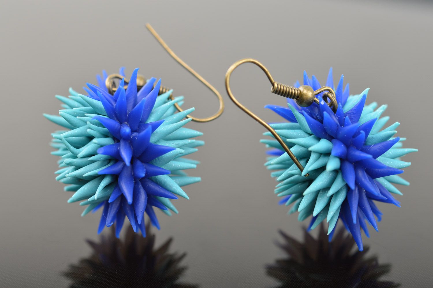 Beautiful blue handmade polymer clay earrings in the shape of sea urchins photo 4