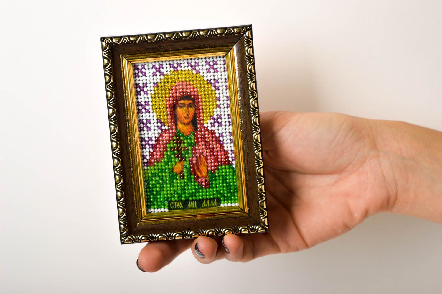 Икона ручной работы православная икона Святая Алла икона из бисера маленькая фото 5