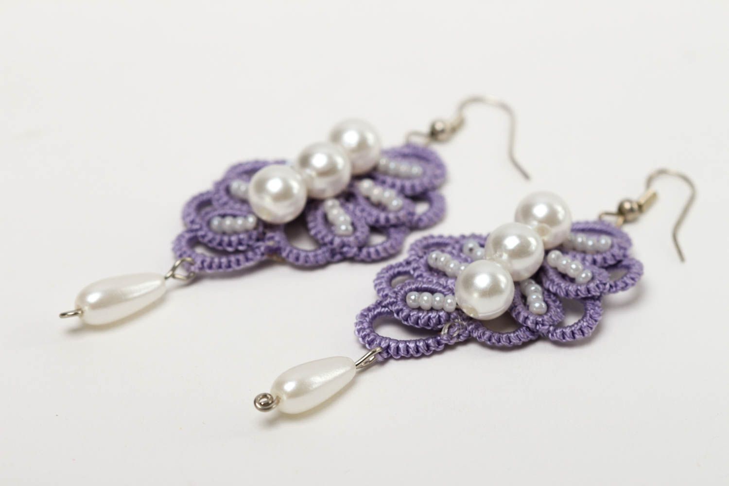 Unusual handmade tatting earrings woven lace earrings handmade accessories photo 3