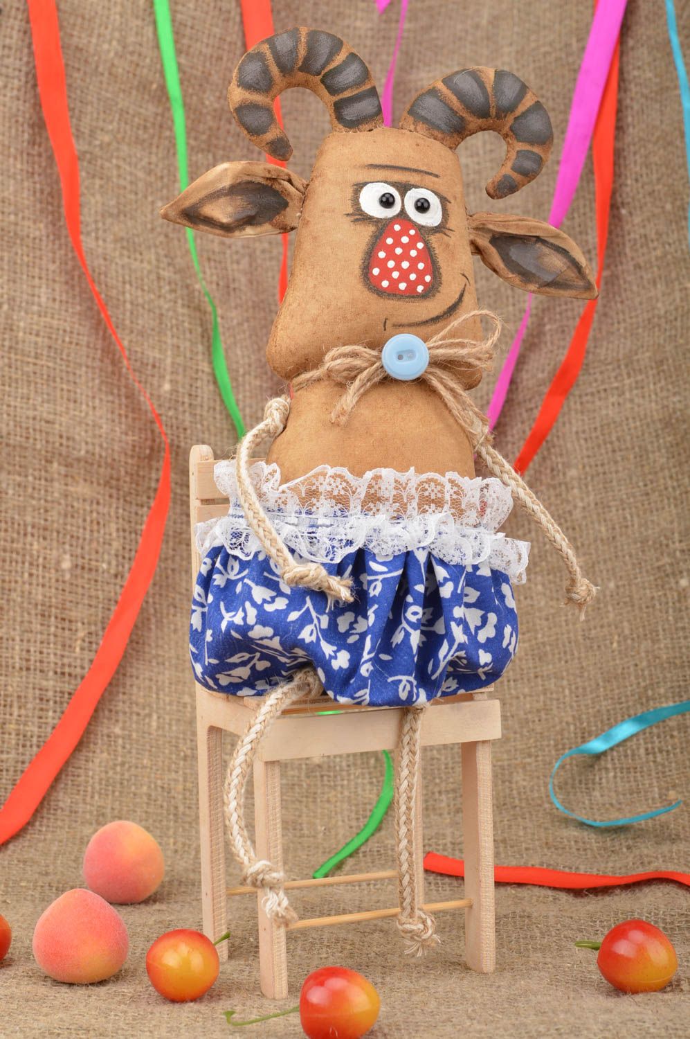 Handmade unusual interior toy made of cotton brown beautiful decor Goat photo 1