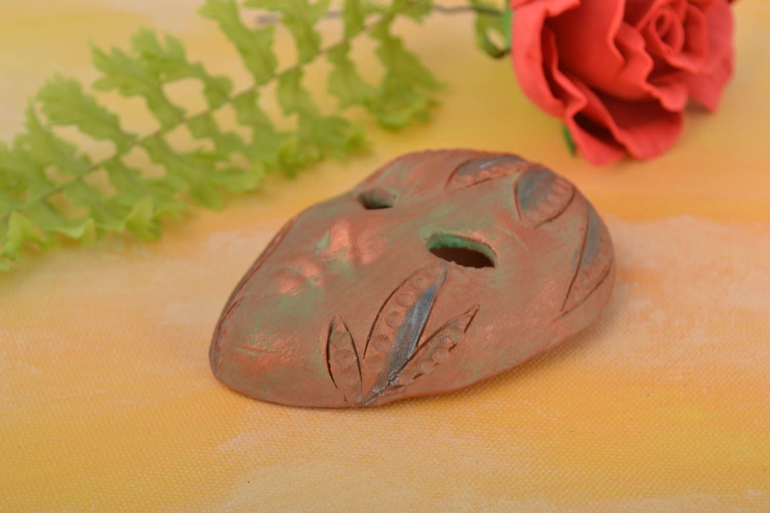 Handmade fridge magnet in shape of carnival mask made of red clay photo 1