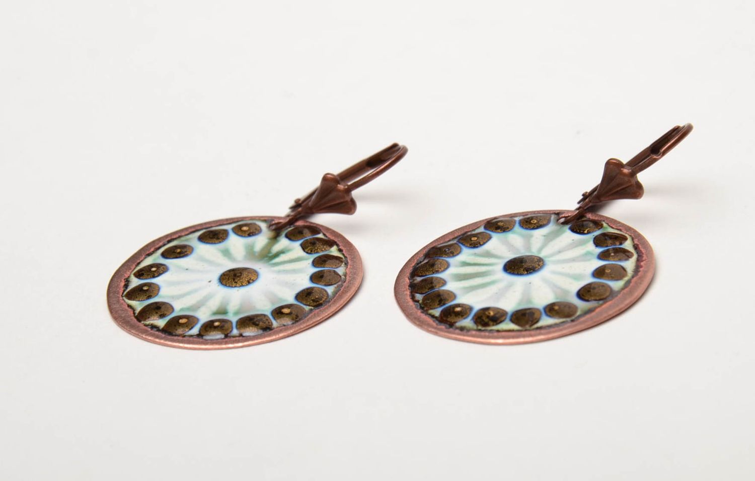 Designer copper earrings of round shape painted with enamels photo 4