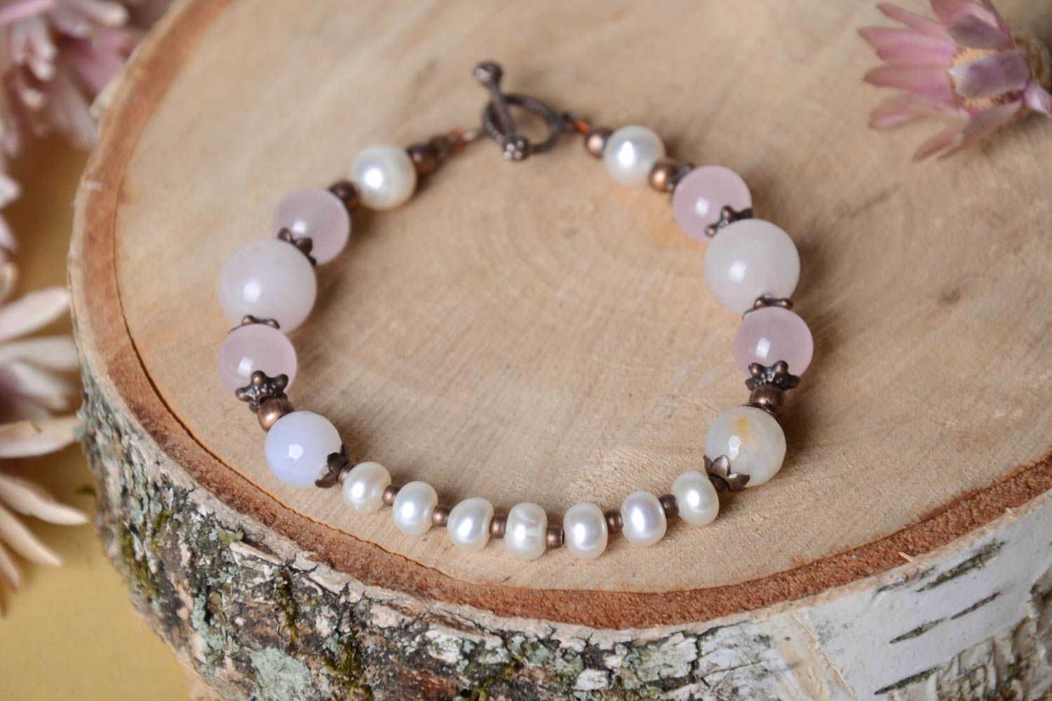Bracelet pierres naturelles Bijou fait main quartz rose perles Accessoire femme photo 1