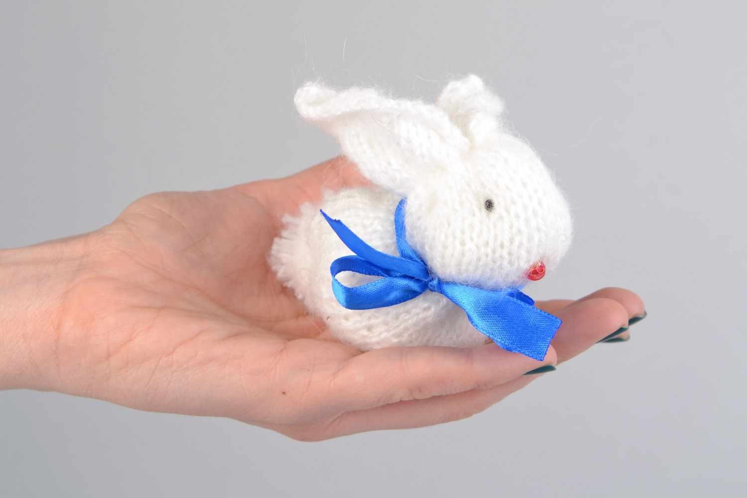 Handmade small soft toy Easter rabbit knit of angora wool with blue bow photo 2
