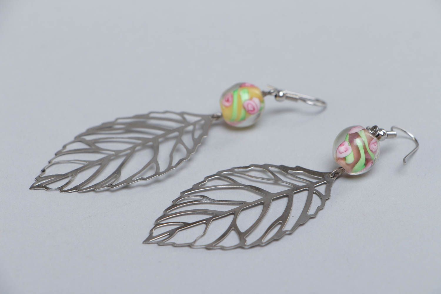 Handmade stylish metal earrings Leaves with glass beads summer designer accessory photo 3