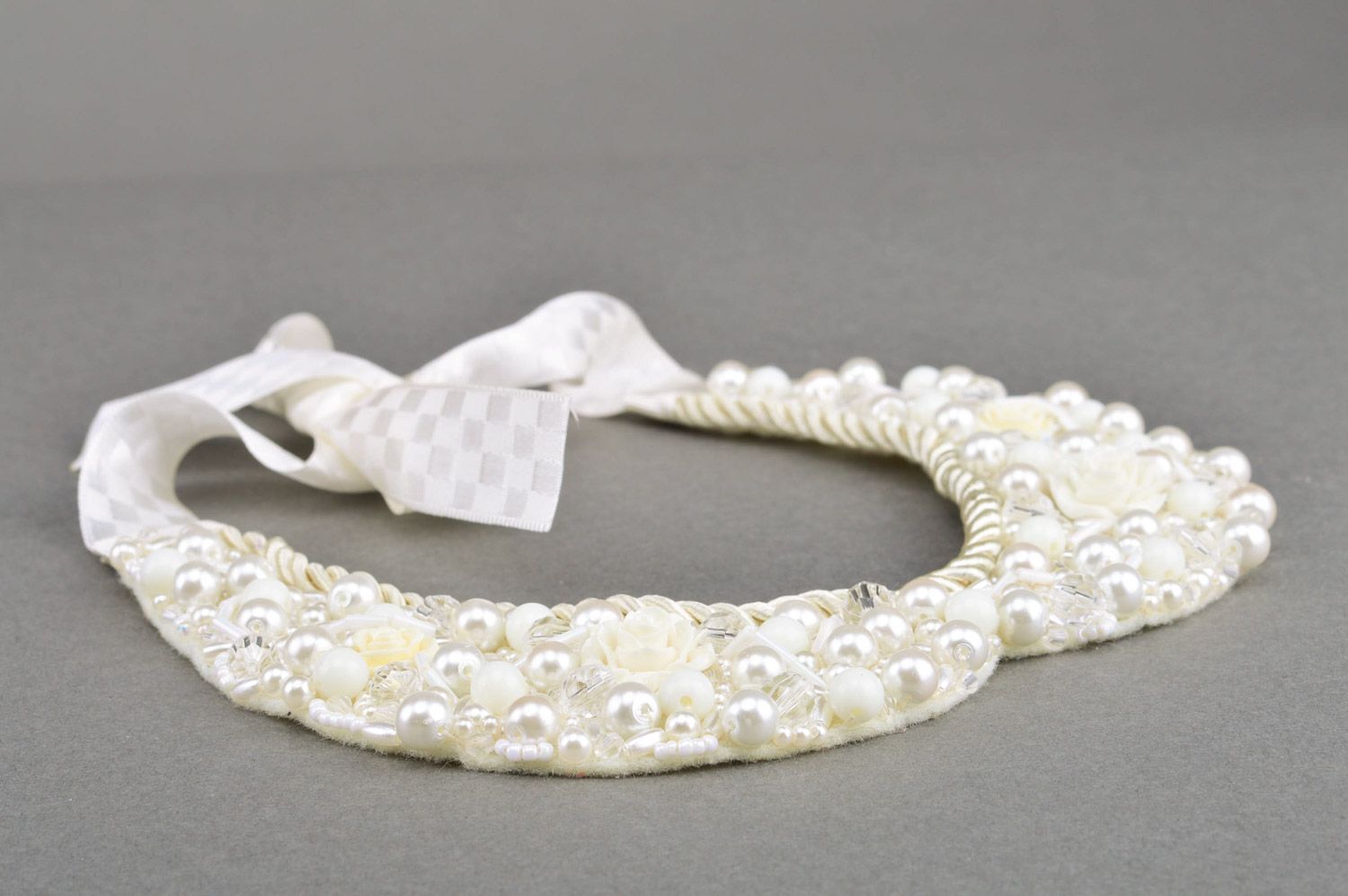 Handmade festive decorative white bead embroidered collar necklace Tenderness photo 3