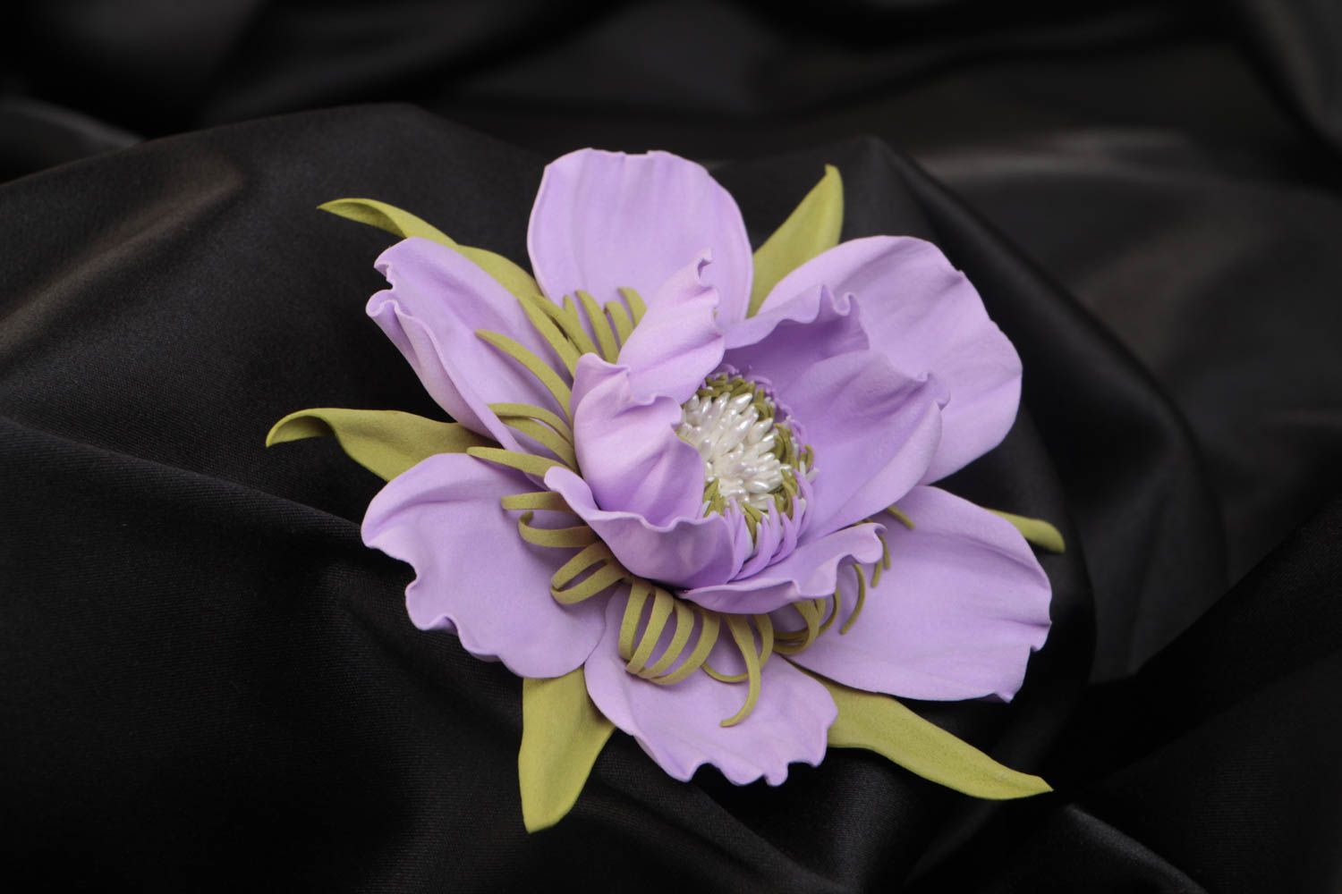 Handmade decorative hair clip with volume large tender violet foamiran flower photo 1