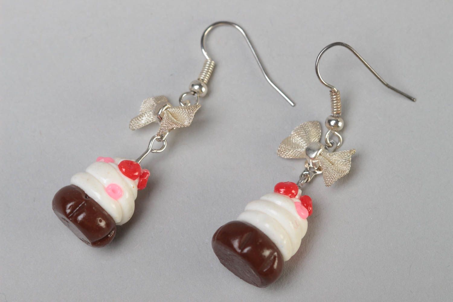 Handmade designer polymer clay dangling earrings with colorful cupcakes photo 2