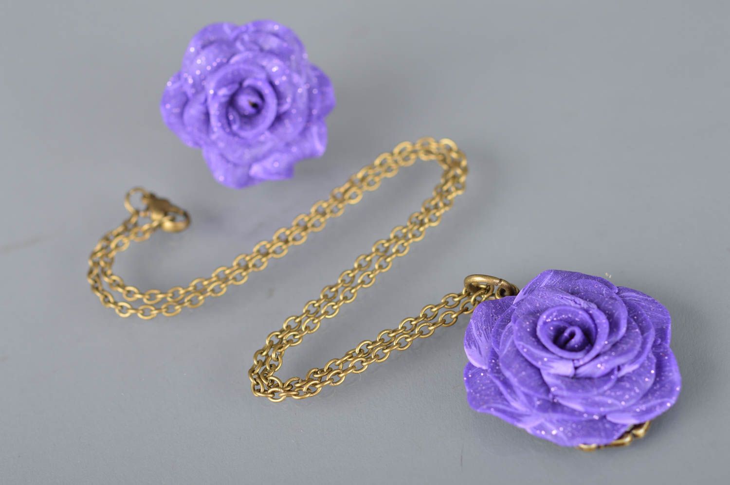 Beautiful homemade designer polymer clay flower ring and pendant jewelry set photo 3