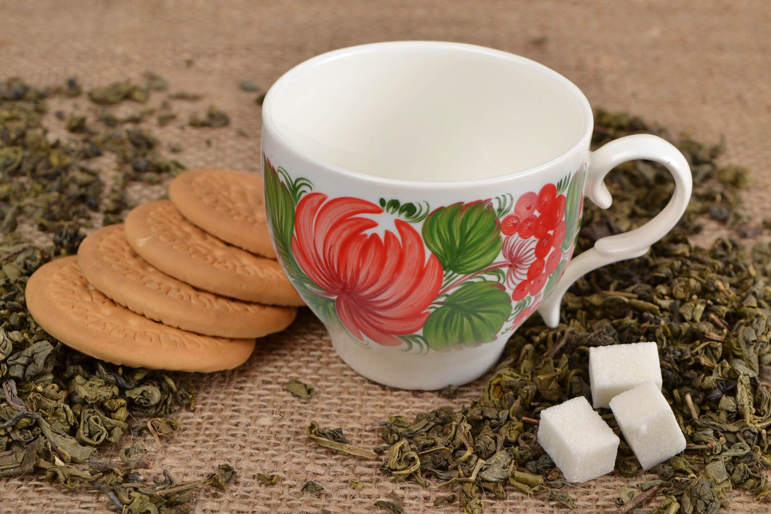 8 oz ceramic porcelain cup in white, red, and green color with handle and Russian style pattern photo 1