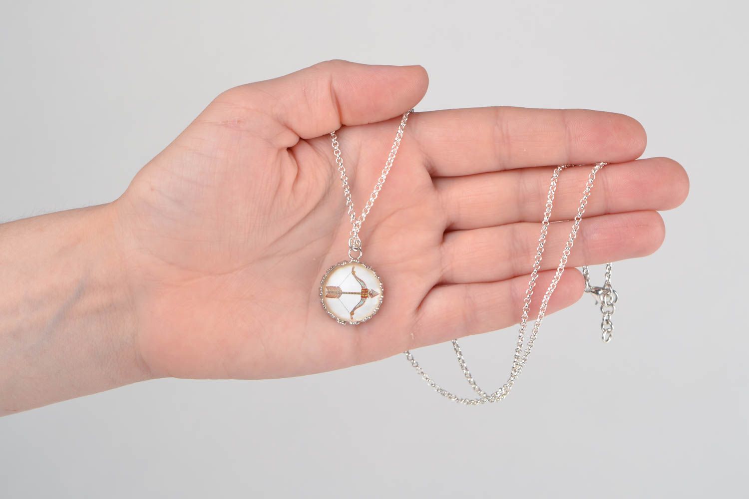 Handmade designer round pendant with glass on long chain Zodiac sign Sagittarius photo 2