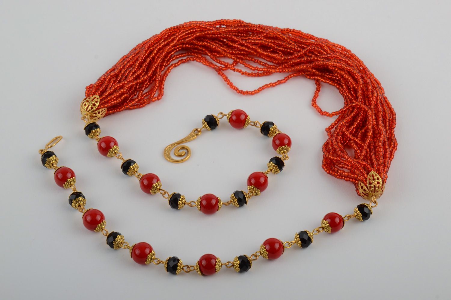 Handmade multi row necklace woven of Czech and wooden beads of red and black colors photo 4