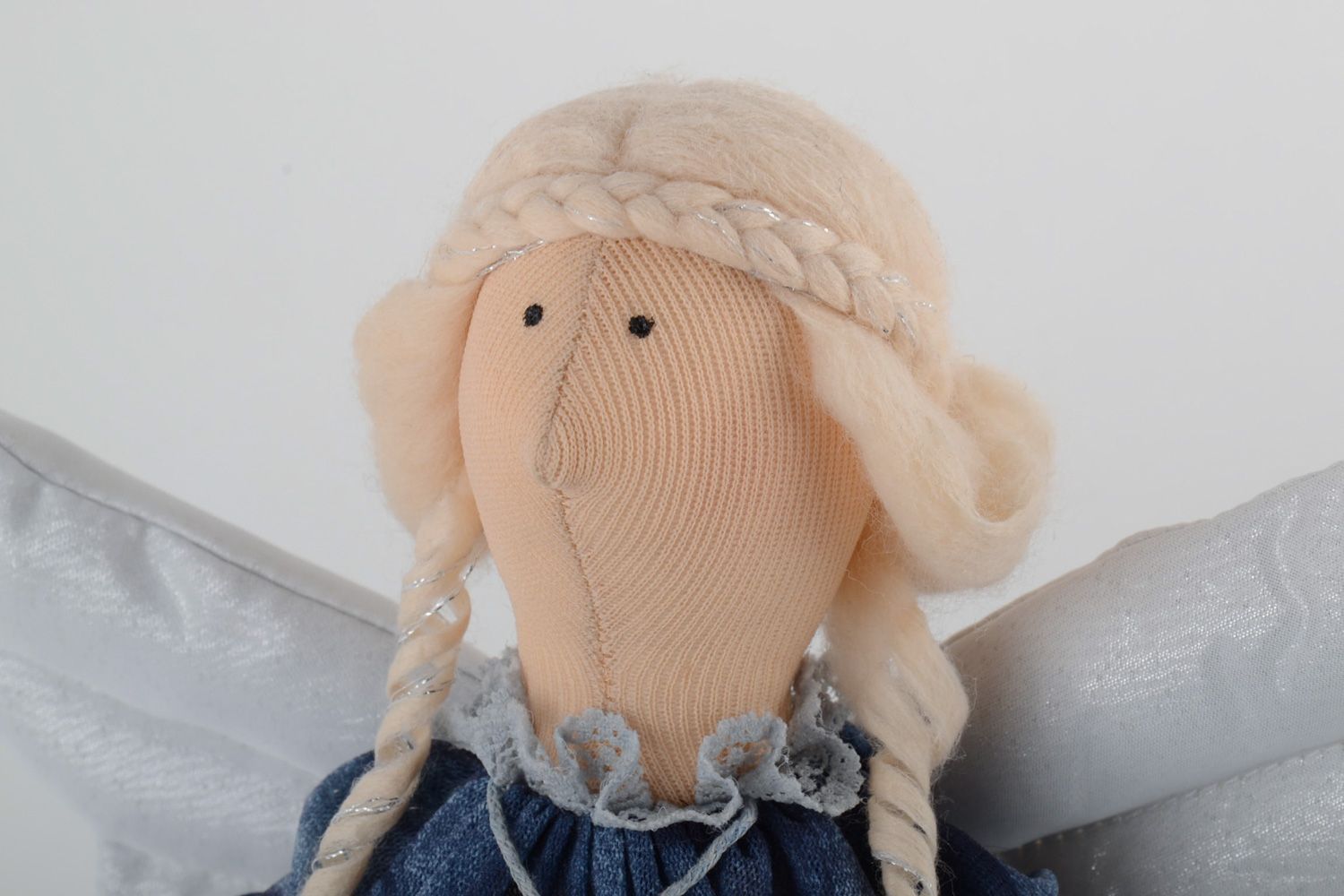 Handmade interior soft doll Angel sewn of fabrics with metal frame and woolen hair photo 3