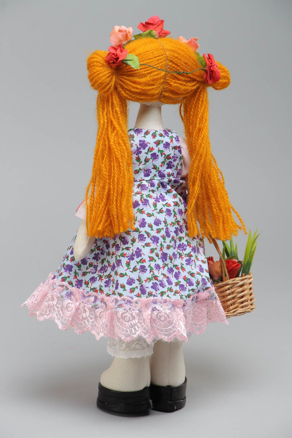 Handmade soft doll sewn of cotton fabric girl in violet dress with ginger hair photo 4