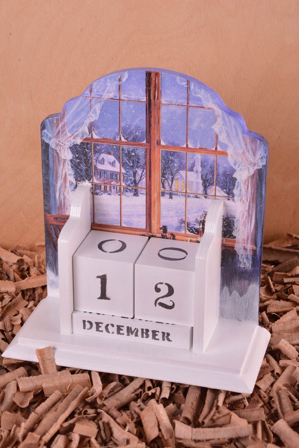Декор для дома ручной работы настольный календарь изделие в технике декупаж Снег фото 1