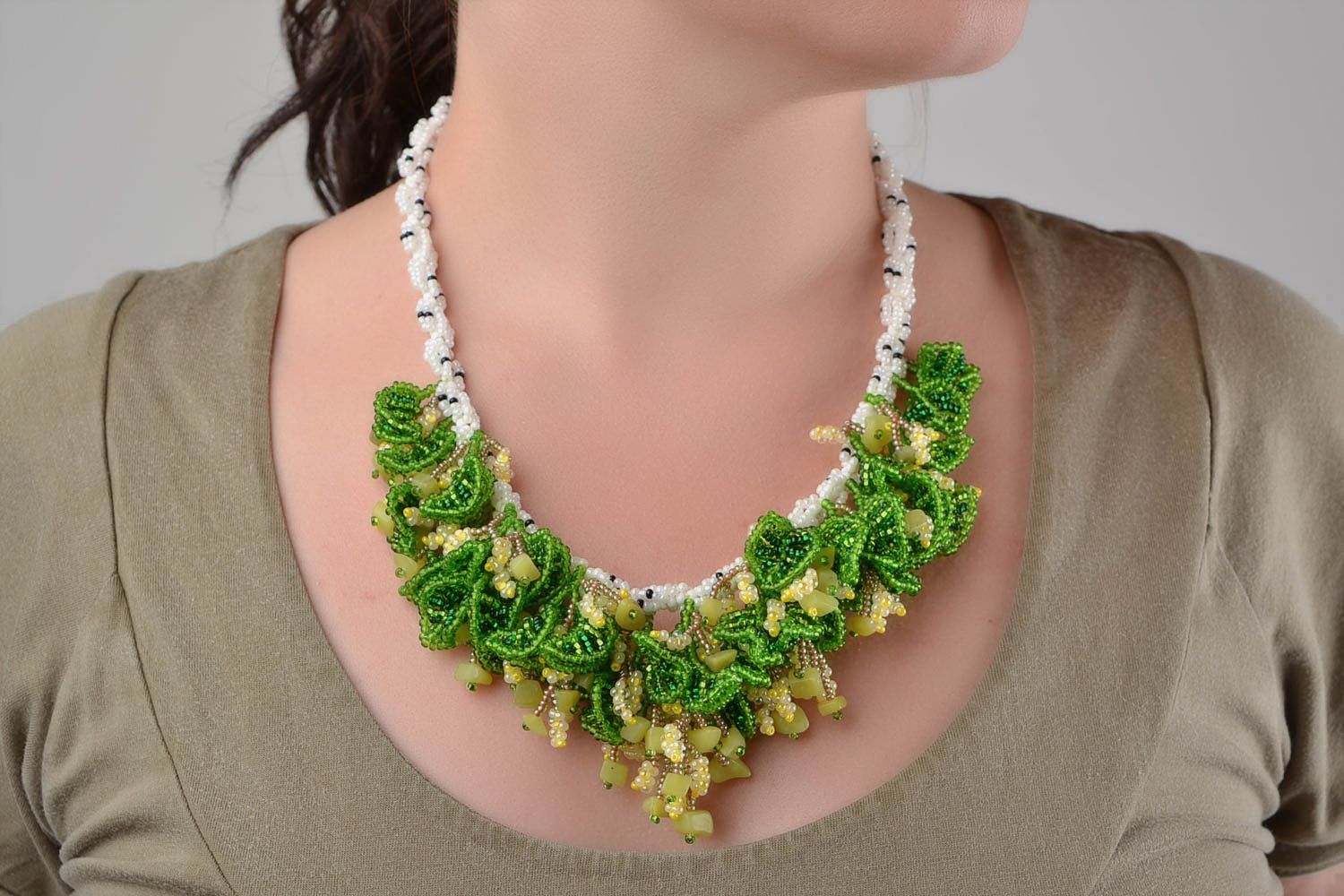Handmade bright designer volume beaded necklace with natural stone Birch photo 1