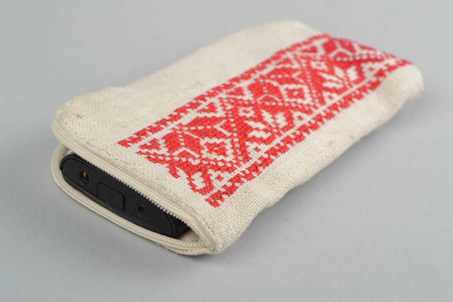 Handmade designer hemp fabric phone case with red cross stitch embroidery photo 3