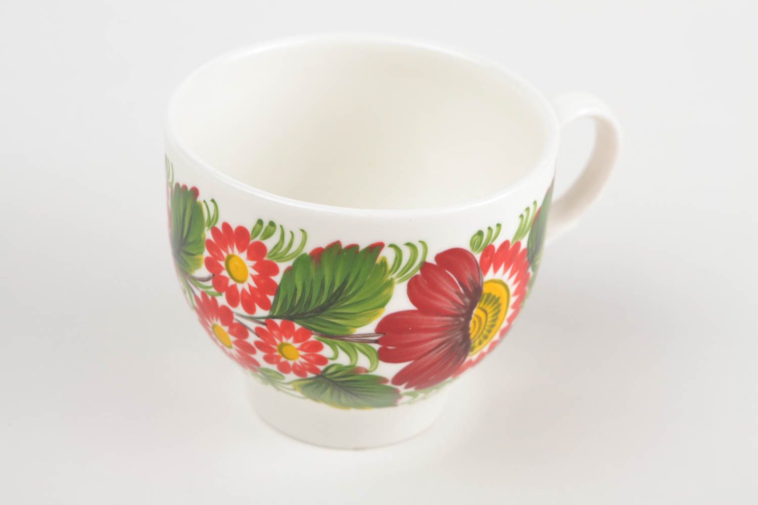 7 oz porcelain tea cup in white, green, red floral design with handle photo 5