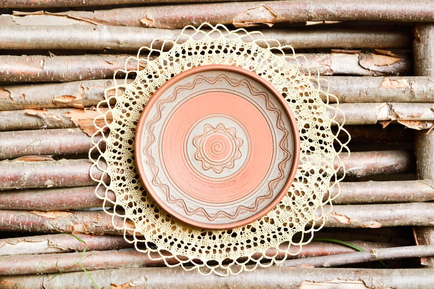 Handmade orange Wohn Accessoire Keramik Wandteller Küchen Deko aus Ton foto 1