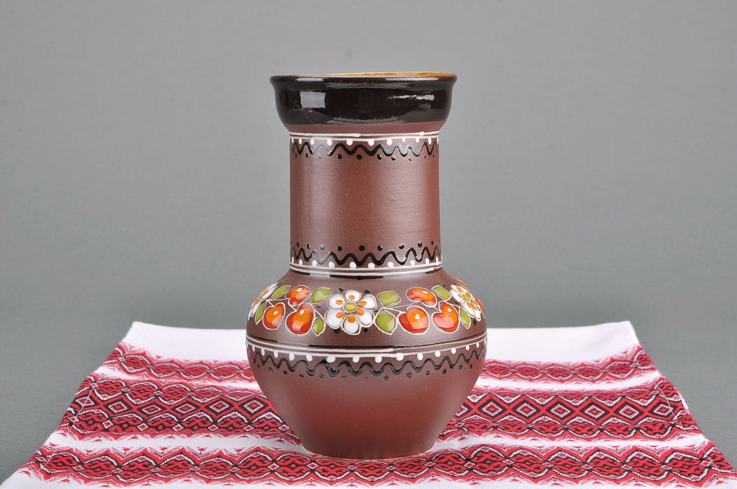 60 oz ceramic milk pitcher jug in brown color with ethnic decoration painting 1,2 lb photo 1