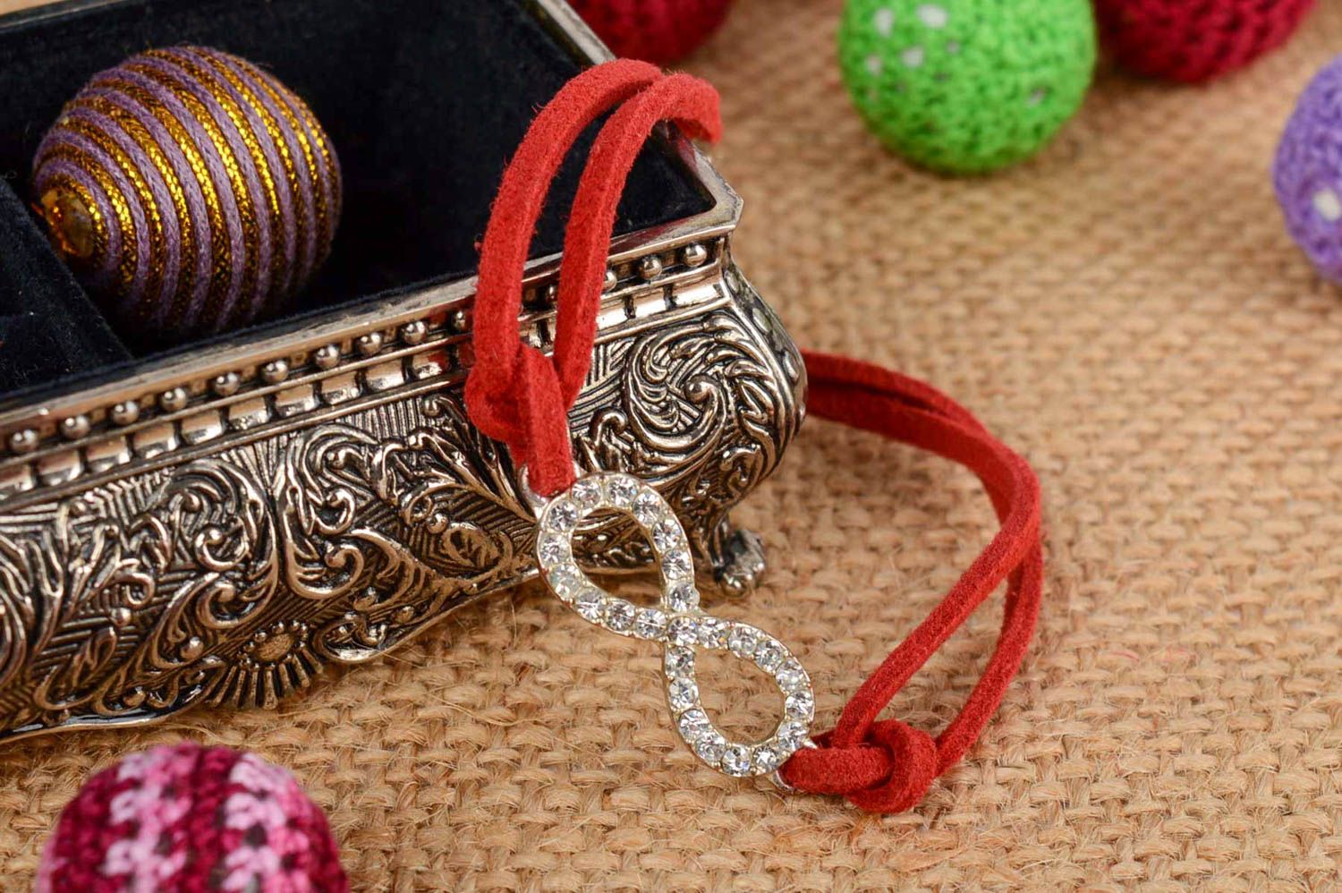 Handmade thin red suede cord bracelet with metal charm infinity sign photo 1