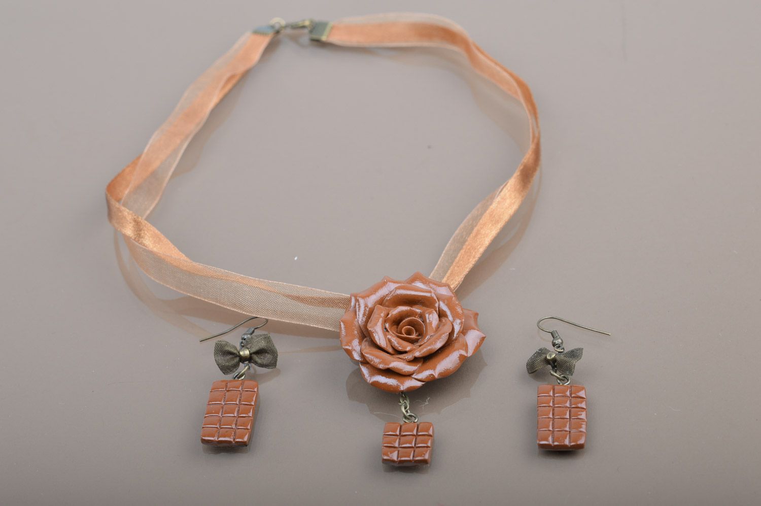 Set of handmade polymer clay jewelry necklace and earrings Chocolate photo 2