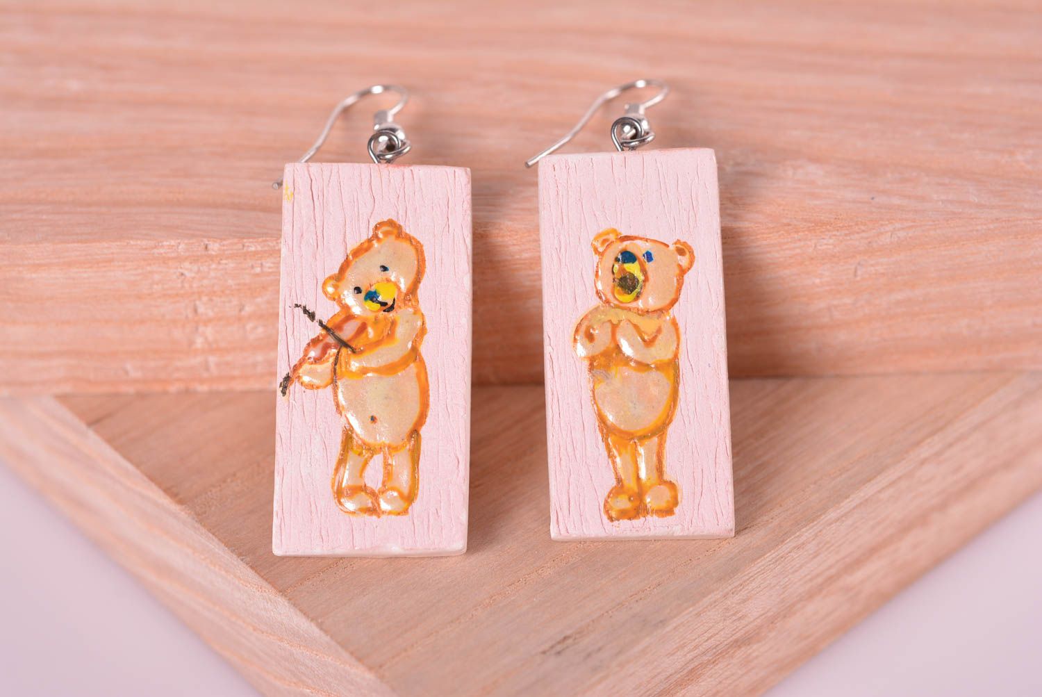Jewelry handmade earrings long earrings with painted bears designer gift photo 1