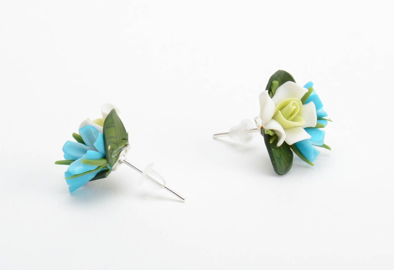 Handmade small tender stud earrings with blue polymer clay flower bouquets photo 2