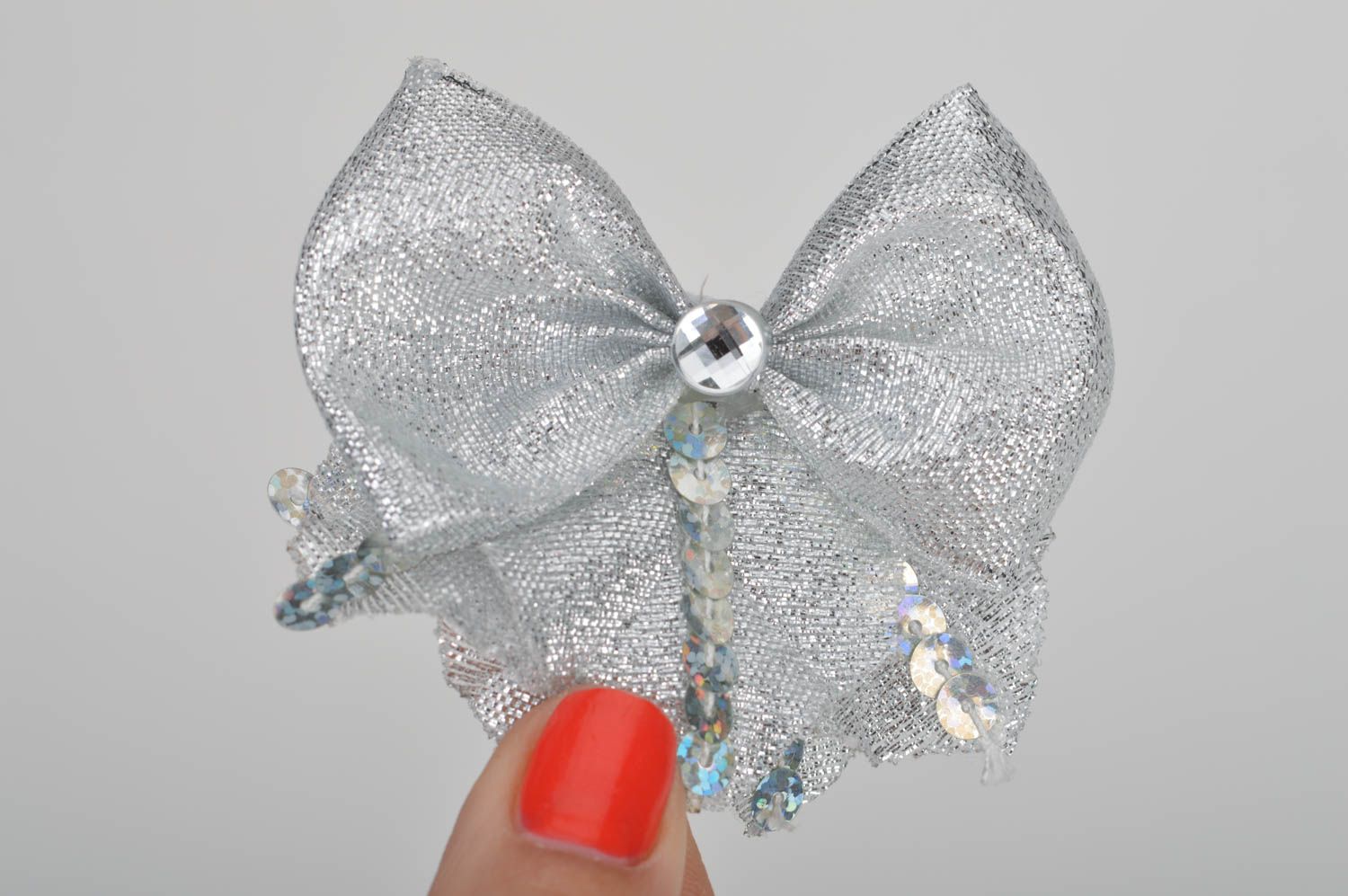Set of handmade children's hair ties with silver colored bows with rhinestones photo 3