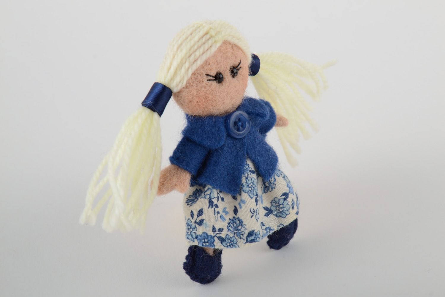 Handmade felted wool brooch toy Doll in Dress photo 4