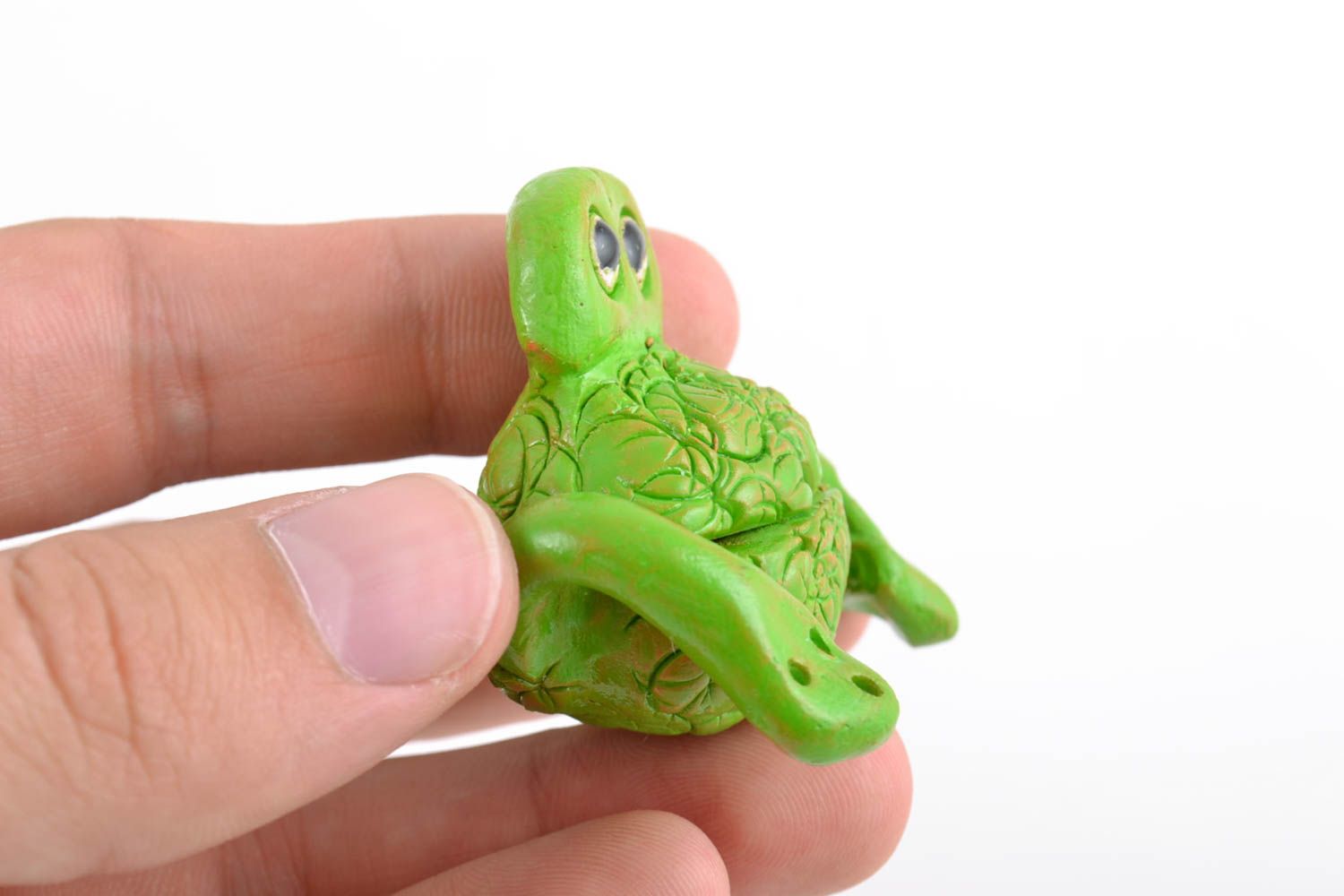 Handmade small primitive ceramic statuette painted with acrylics green frog photo 2