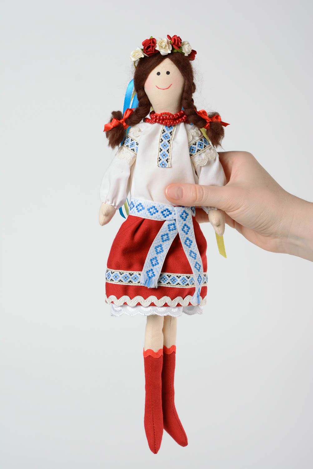 Handmade fabric soft doll Ukrainian girl in traditional costume with head wreath photo 5